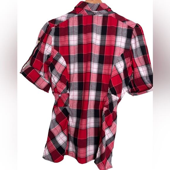 COOGI Button Down Shirt Roll Tab Long Sleeves Red Black Plaid Elastic Waist Sz L - Picture 6 of 12